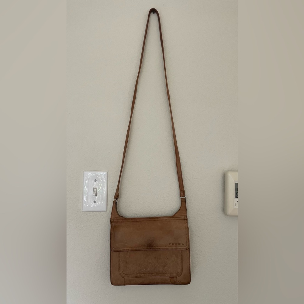 Vintage Tan Leather Fossil Crossbody Double Flap Bag